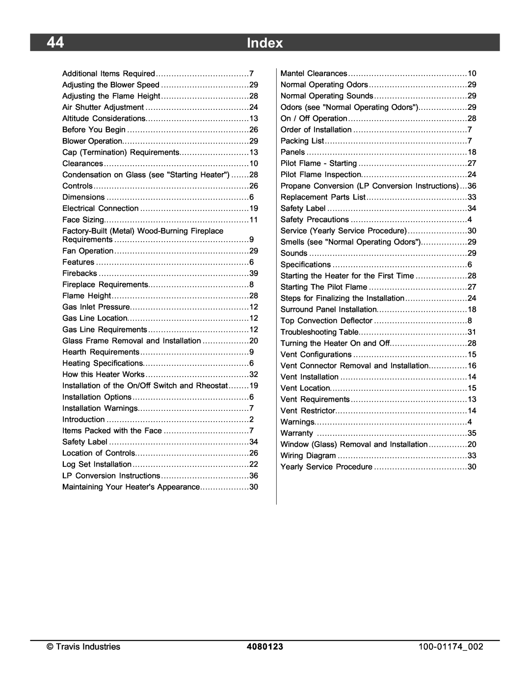 Avalon Stoves DVL Insert EF II owner manual Index, 4080123 