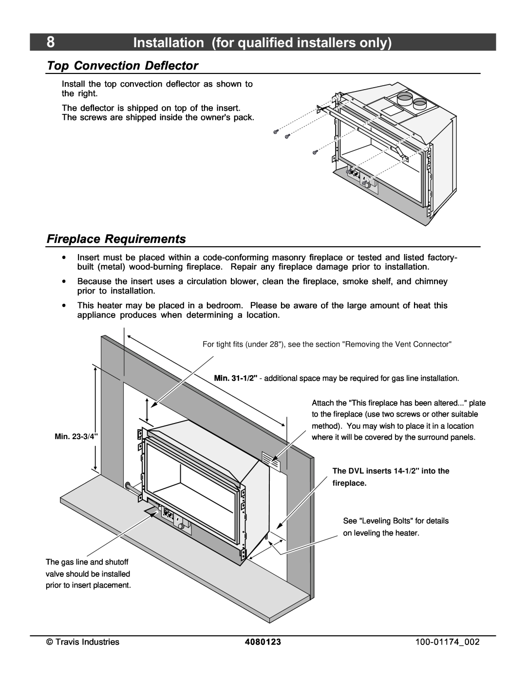 Avalon Stoves DVL Insert EF II owner manual Top Convection Deflector, Fireplace Requirements, 4080123 
