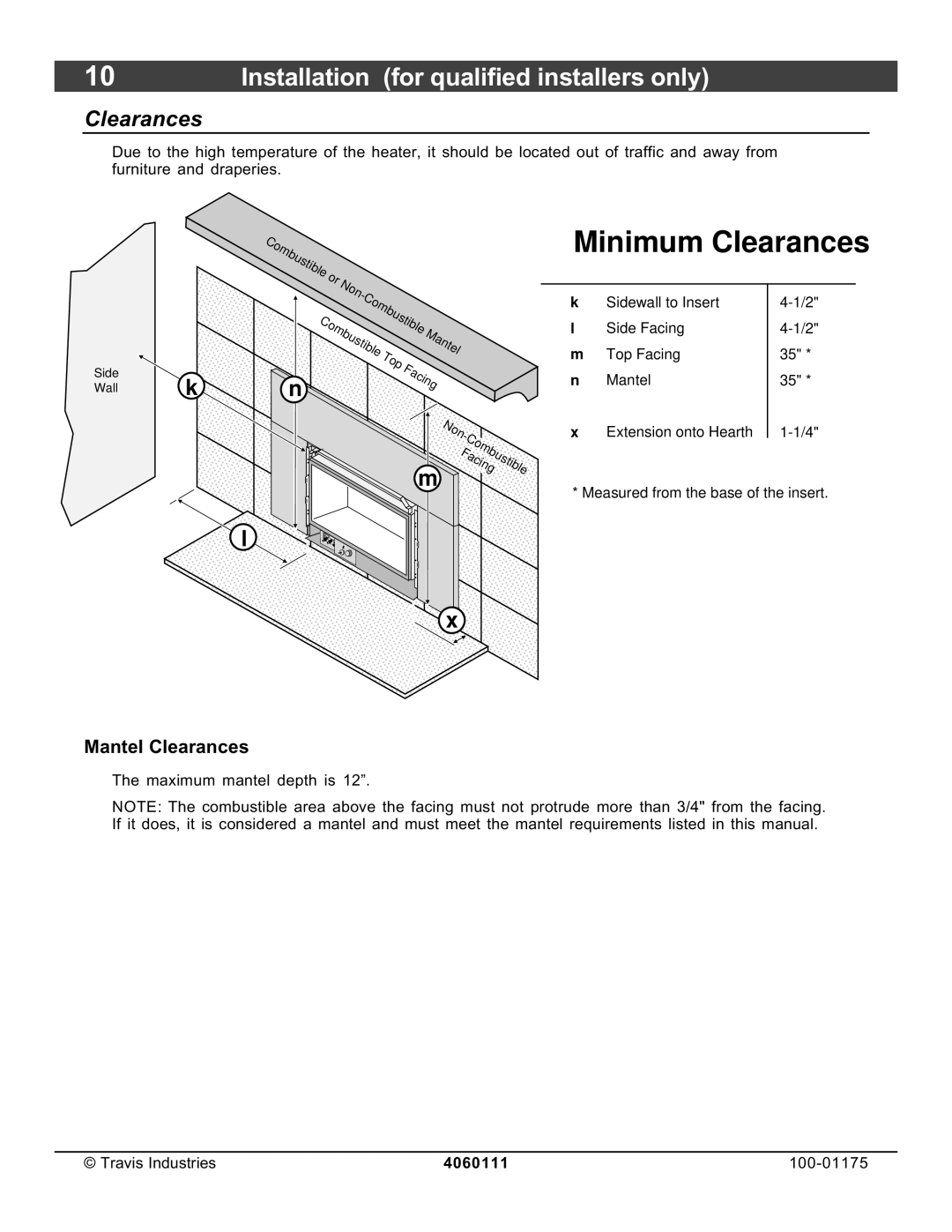 Avalon Stoves DVS Insert EF II owner manual Mantel Clearances 