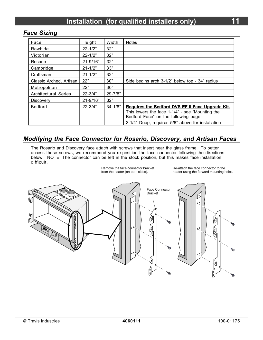 Avalon Stoves DVS Insert EF II owner manual Face Sizing, Requires the Bedford DVS EF II Face Upgrade Kit 