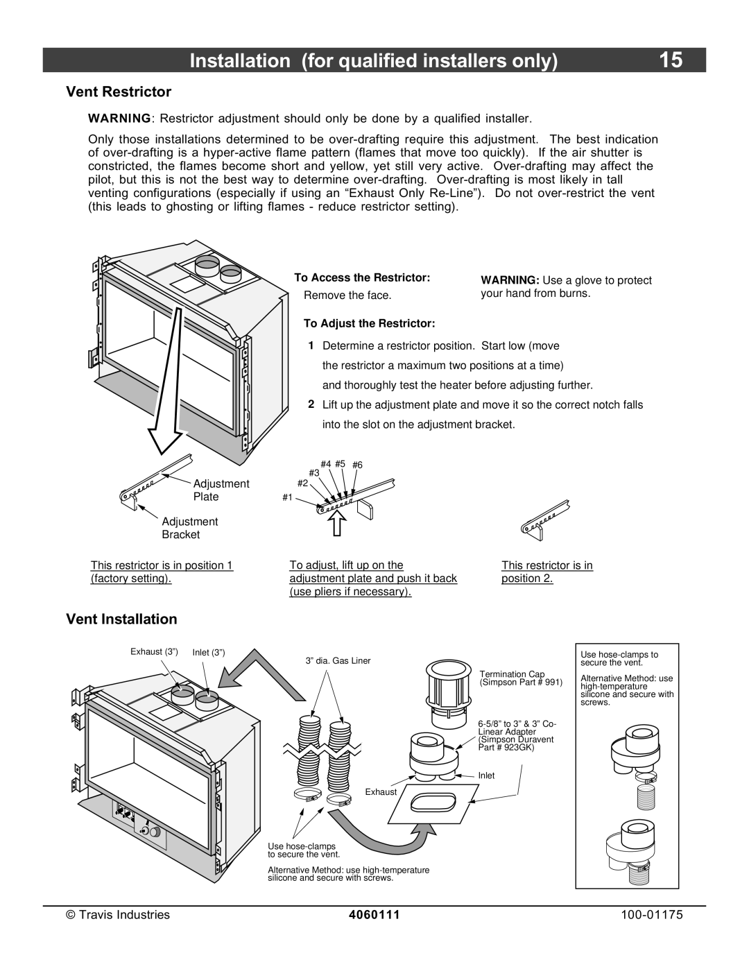 Avalon Stoves DVS Insert EF II owner manual Vent Restrictor, Vent Installation 