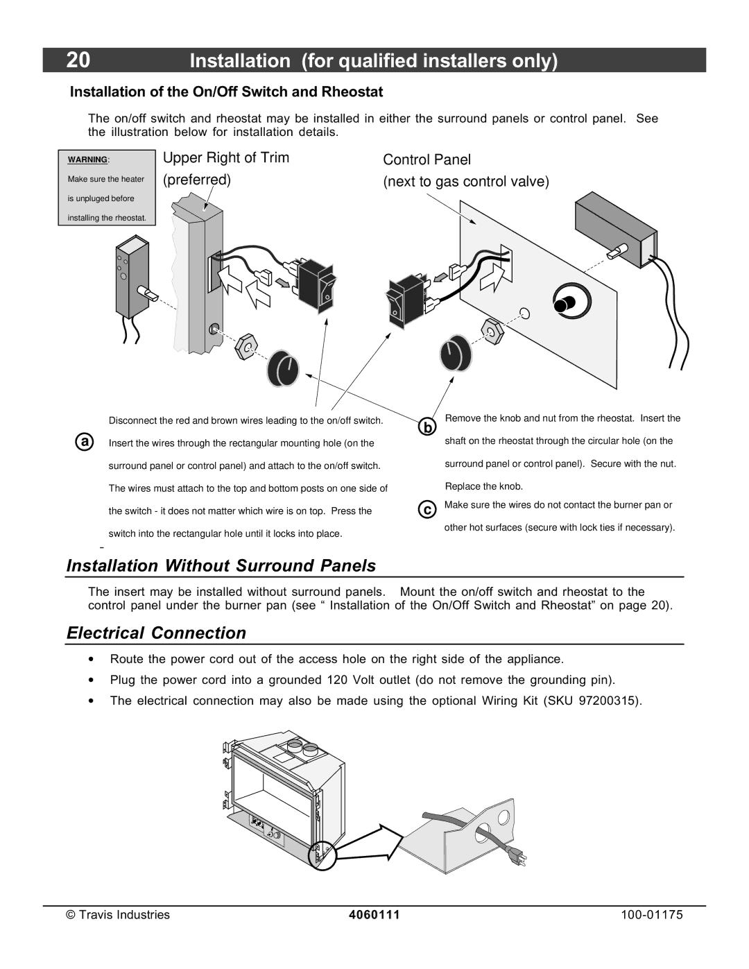 Avalon Stoves DVS Insert EF II owner manual Installation Without Surround Panels, Electrical Connection 