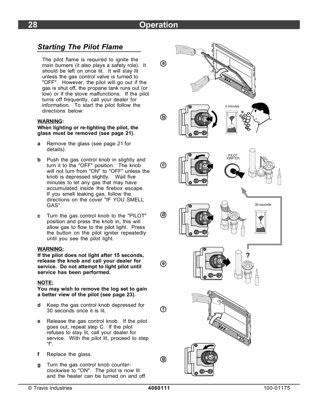 Avalon Stoves DVS Insert EF II owner manual 28Operation, Starting The Pilot Flame, Seconds once it is lit 