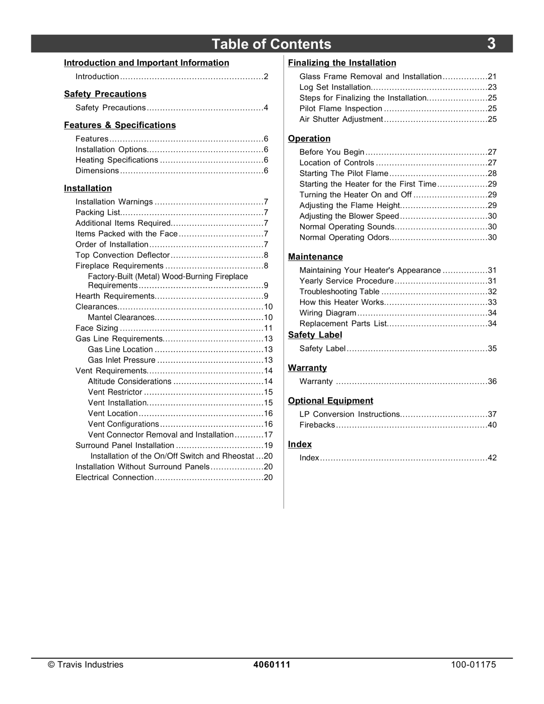 Avalon Stoves DVS Insert EF II owner manual Table of Contents 