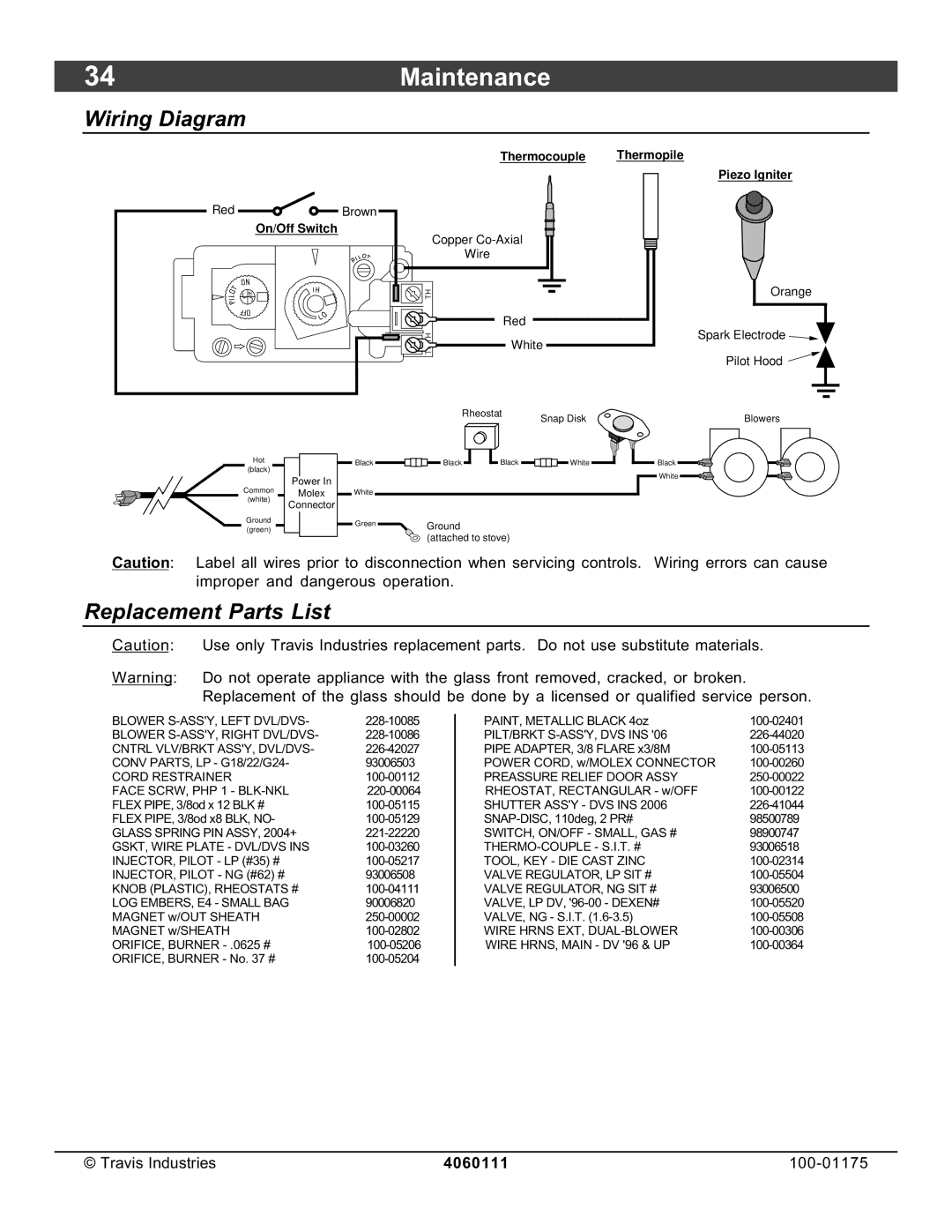 Avalon Stoves DVS Insert EF II owner manual 34Maintenance, Wiring Diagram, Replacement Parts List 