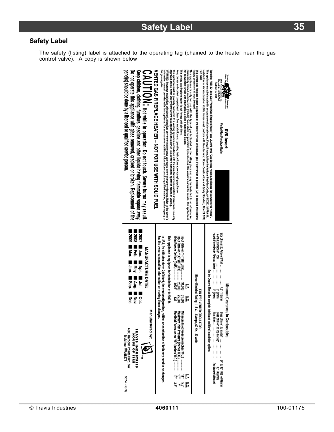 Avalon Stoves DVS Insert EF II owner manual Safety Label 