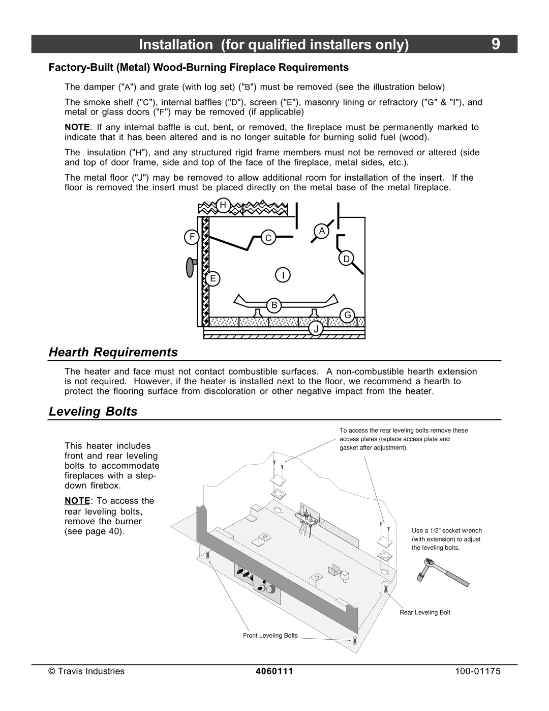 Avalon Stoves DVS Insert EF II owner manual Hearth Requirements, Leveling Bolts 