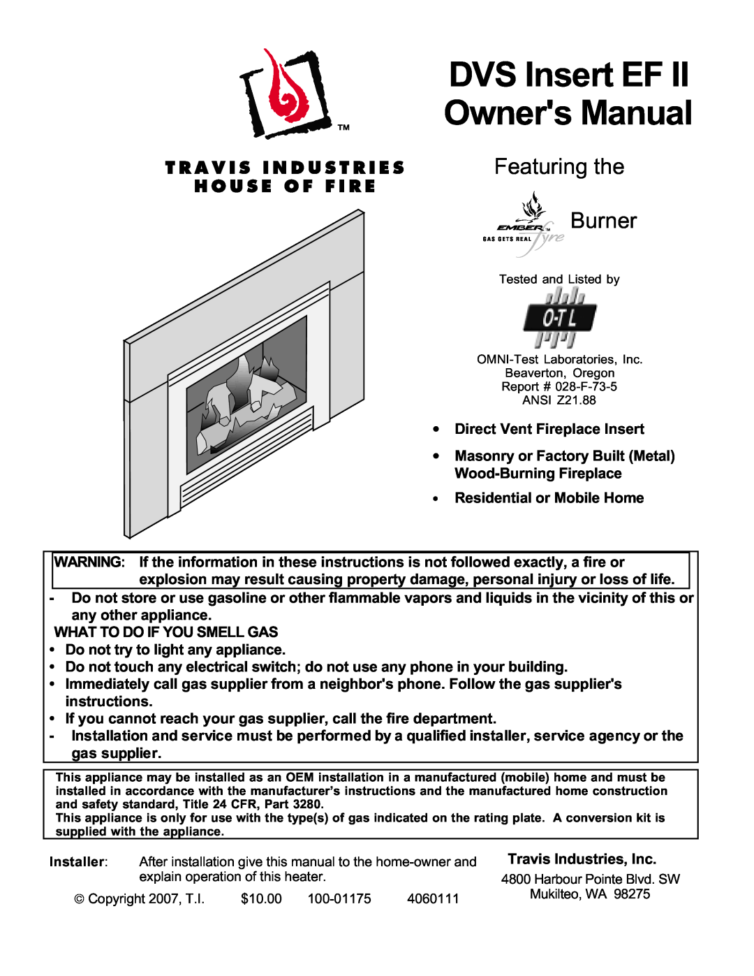 Avalon Stoves DVS Insert EF II owner manual Featuring the Burner 