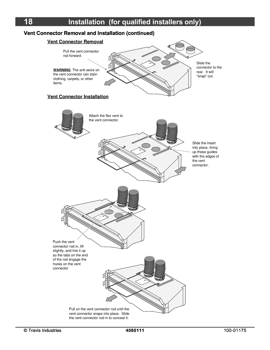 Avalon Stoves DVS Insert EF II owner manual Installation for qualified installers only, Vent Connector Removal, 4060111 