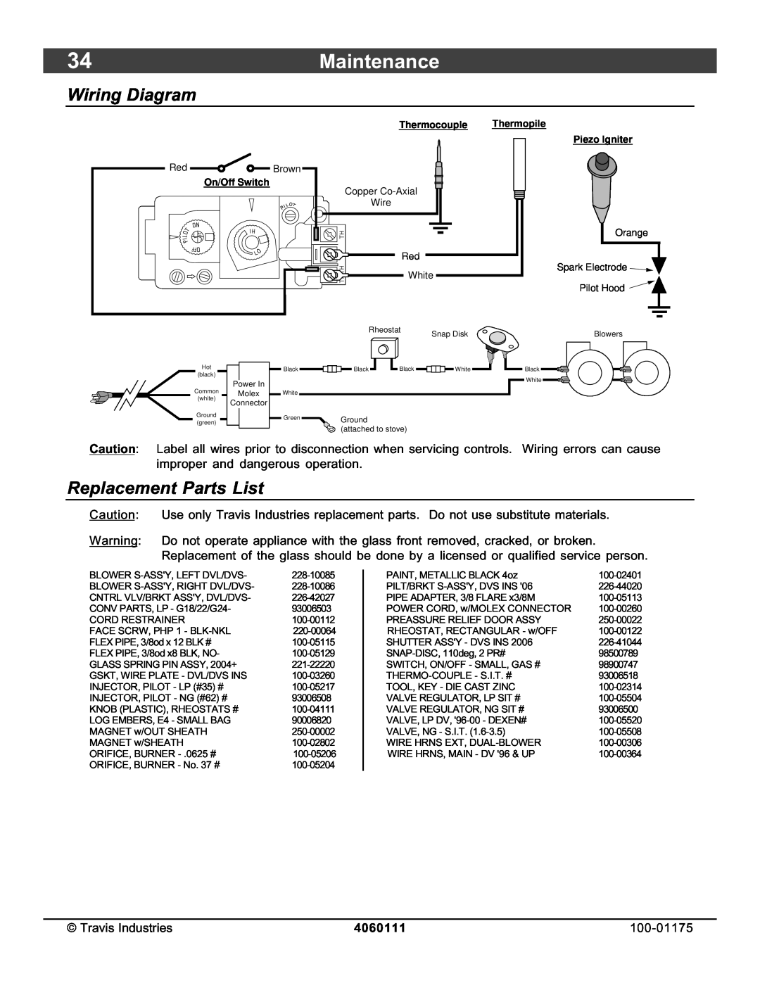Avalon Stoves DVS Insert EF II owner manual 34Maintenance, Wiring Diagram, Replacement Parts List, 4060111 