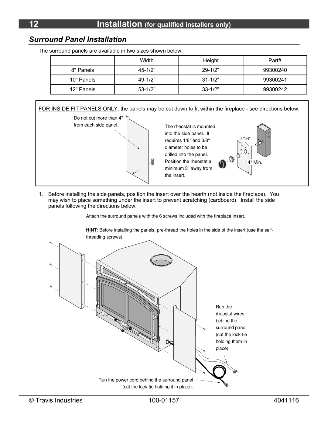 Avalon Stoves Flush Wood Insert owner manual Surround Panel Installation 