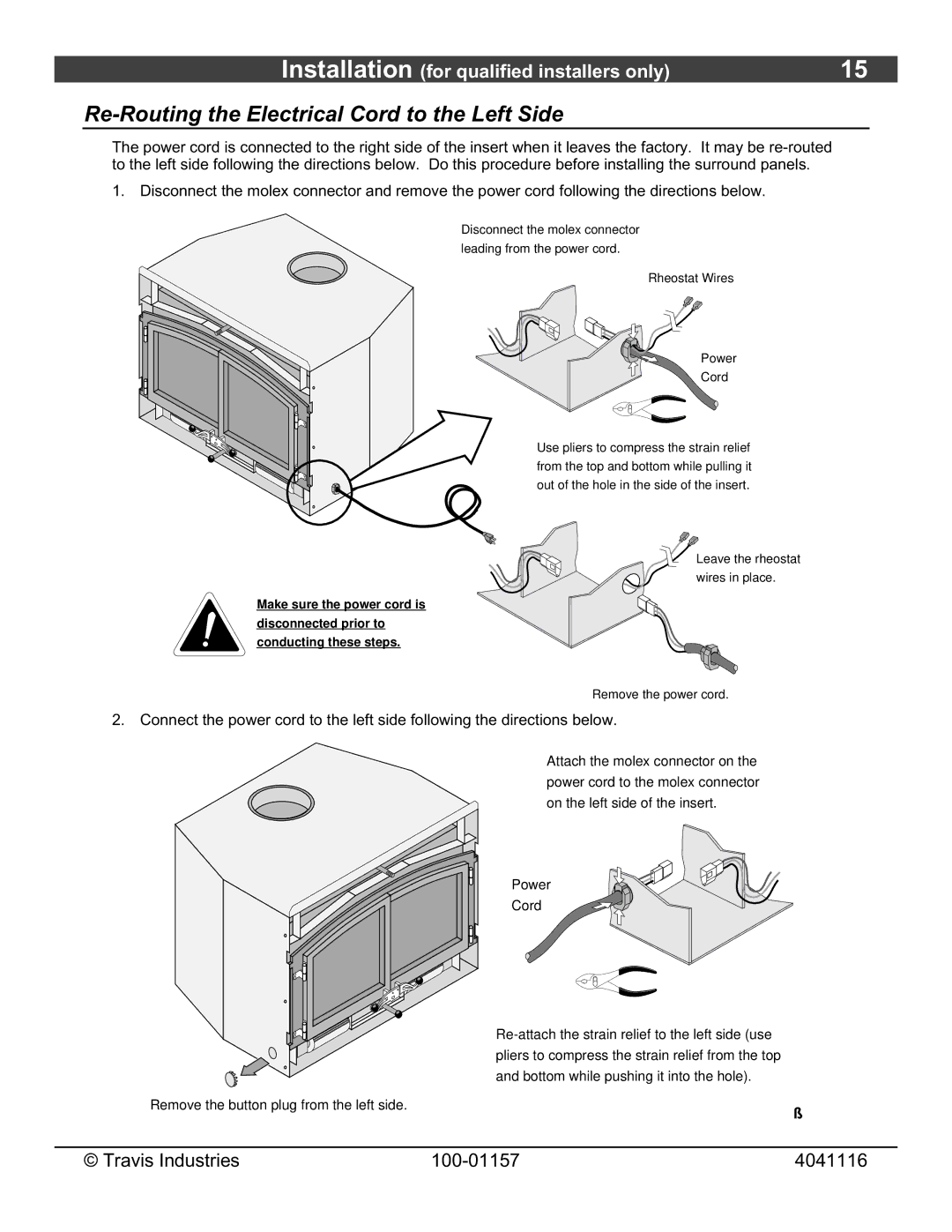 Avalon Stoves Flush Wood Insert owner manual Re-Routing the Electrical Cord to the Left Side 