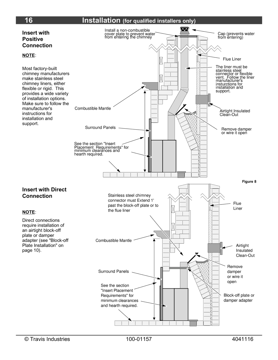 Avalon Stoves Flush Wood Insert owner manual Insert with Positive Connection, Insert with Direct Connection 