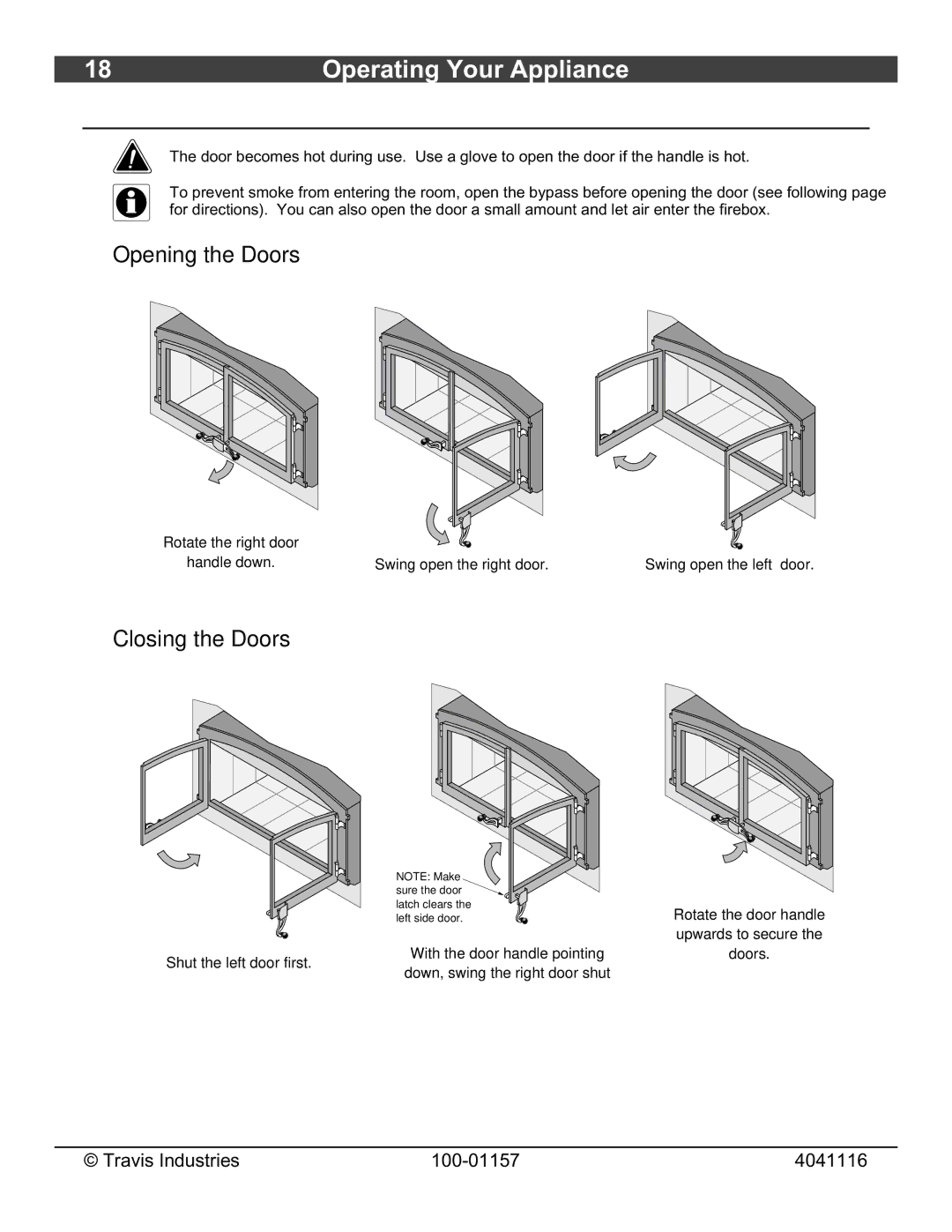 Avalon Stoves Flush Wood Insert owner manual Door Operation, Closing the Doors 