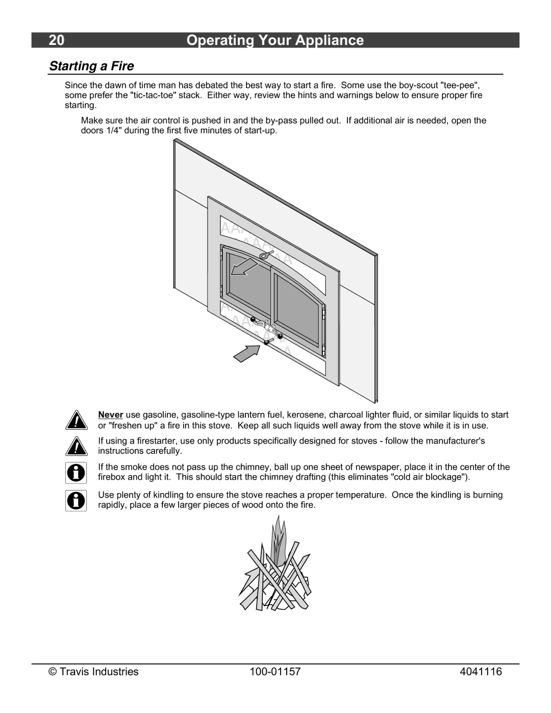 Avalon Stoves Flush Wood Insert owner manual Starting a Fire 