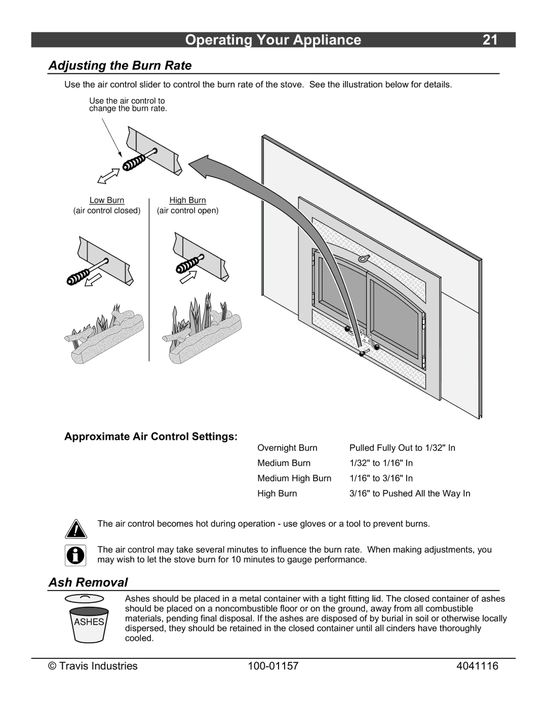 Avalon Stoves Flush Wood Insert owner manual Adjusting the Burn Rate, Ash Removal, Approximate Air Control Settings 