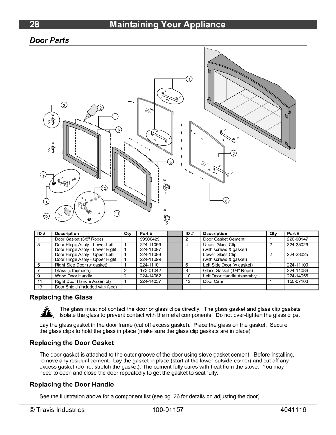 Avalon Stoves Flush Wood Insert Door Parts, Replacing the Glass, Replacing the Door Gasket, Replacing the Door Handle 