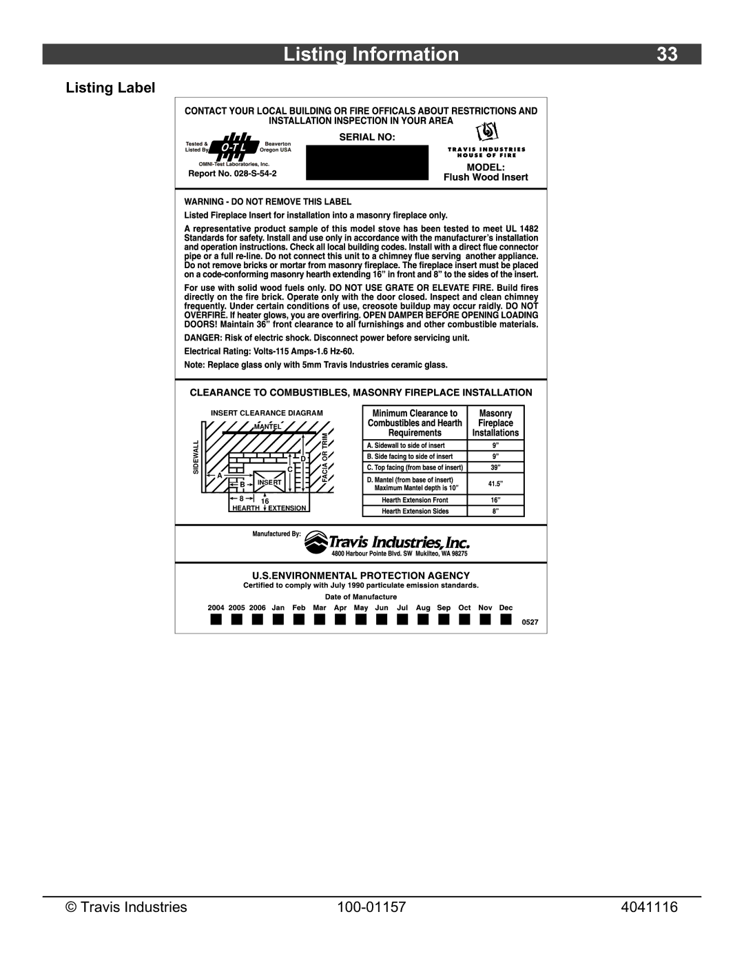 Avalon Stoves Flush Wood Insert owner manual Listing Information, Listing Label 