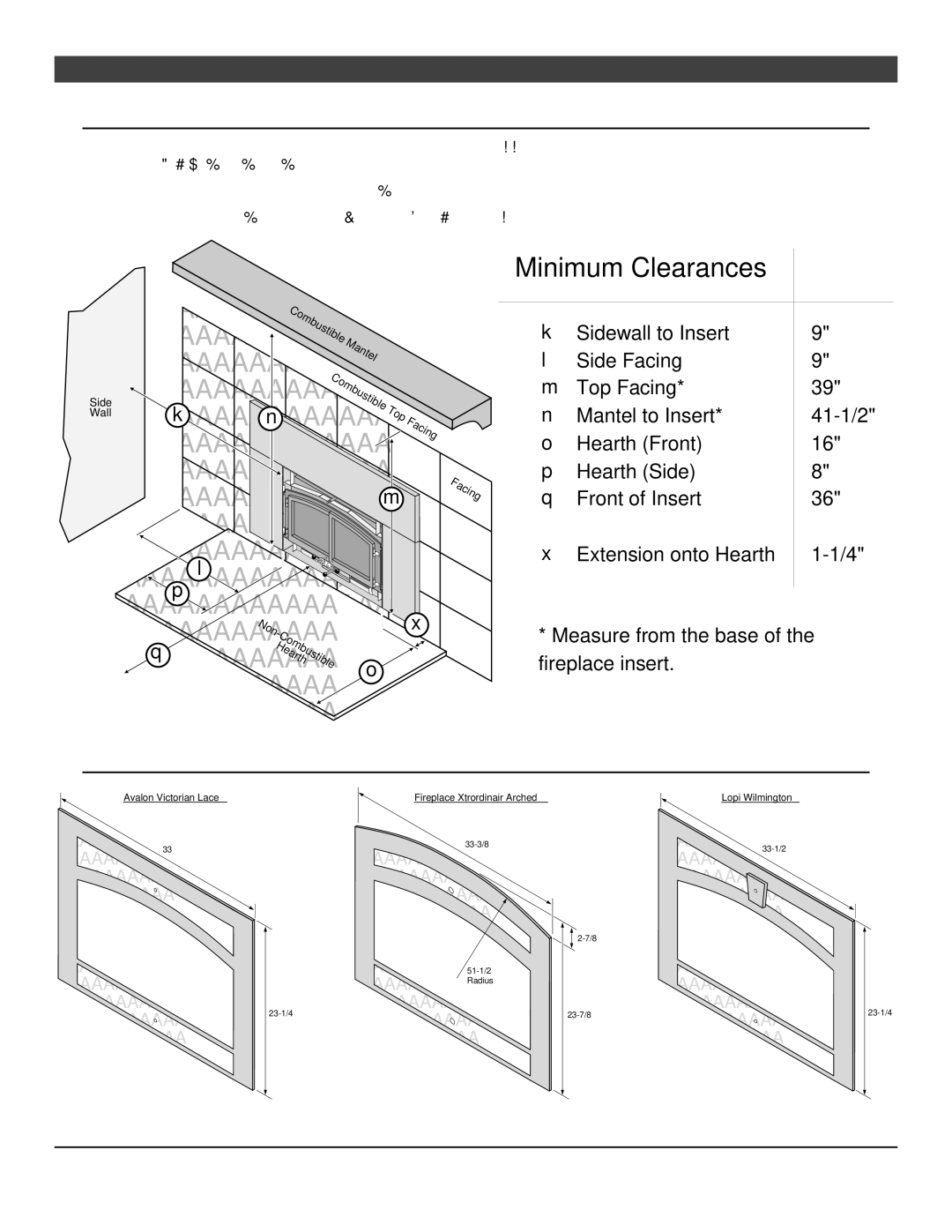 Avalon Stoves Flush Wood Insert owner manual Insert Placement Requirements, Face Dimensions 