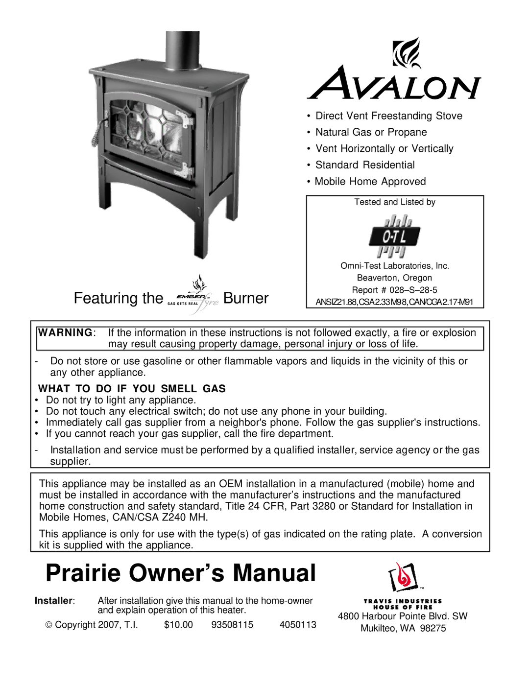 Avalon Stoves Freestanding Stove owner manual Featuring the Burner 