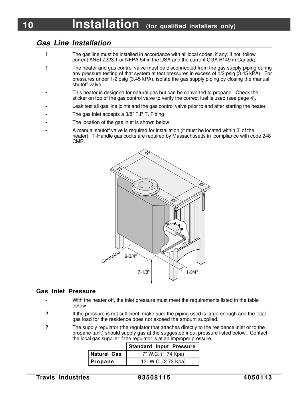 Avalon Stoves Freestanding Stove owner manual Gas Line Installation, Gas Inlet Pressure 