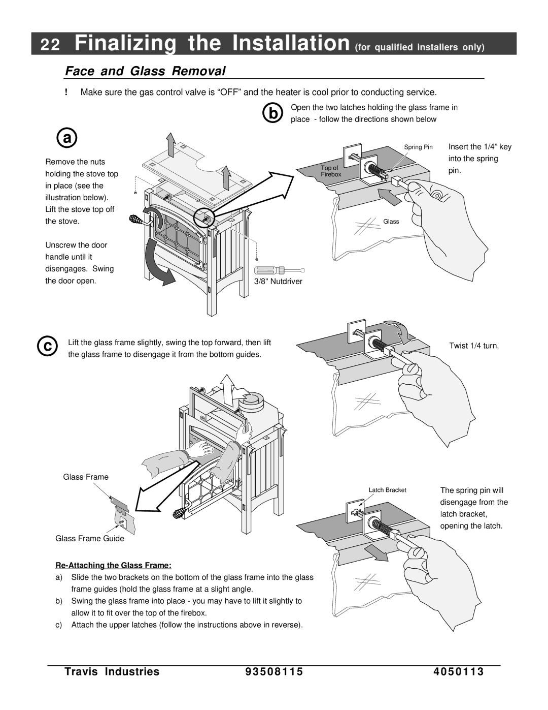 Avalon Stoves Freestanding Stove owner manual Face and Glass Removal, Re-Attaching the Glass Frame 