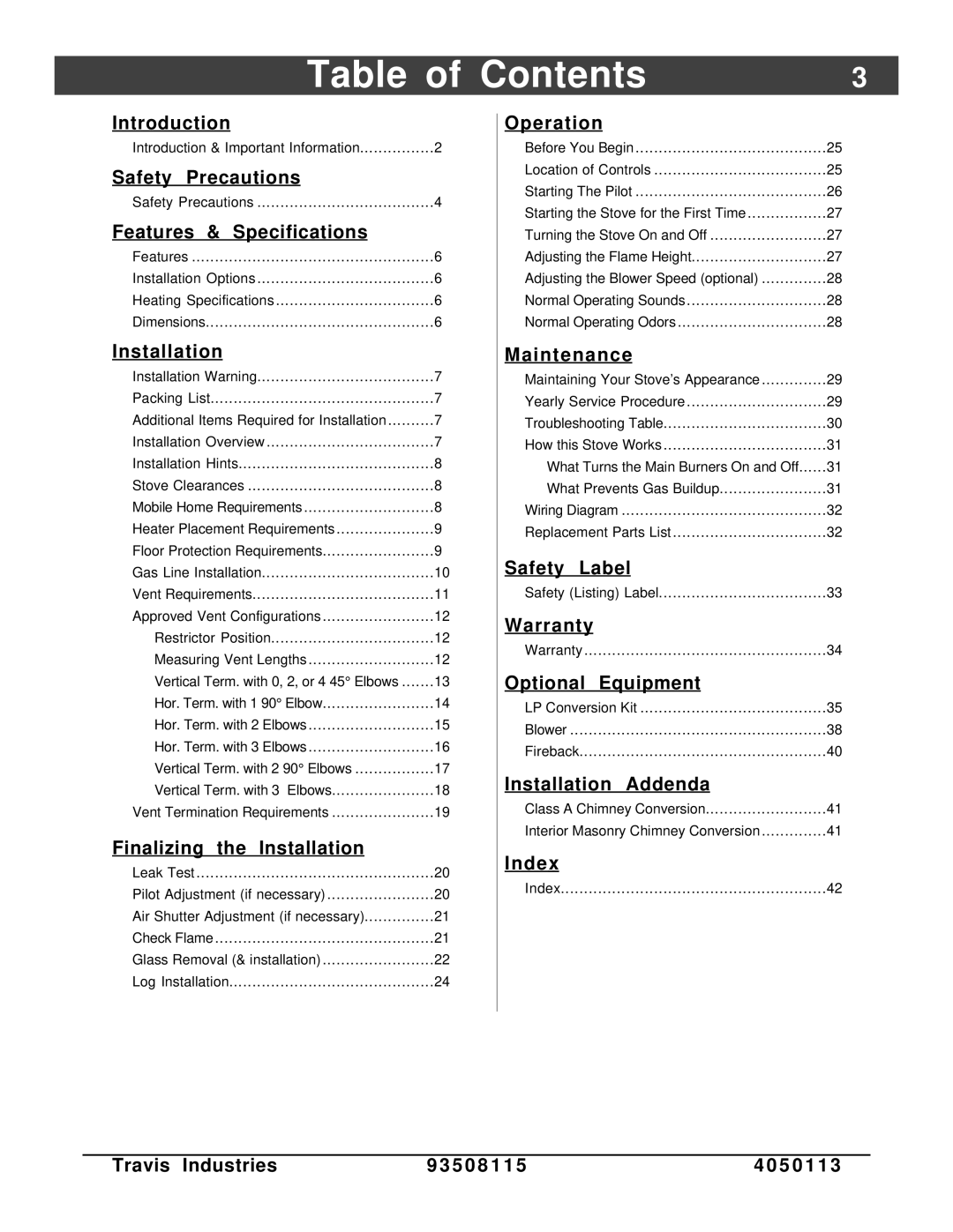 Avalon Stoves Freestanding Stove owner manual Table of Contents 