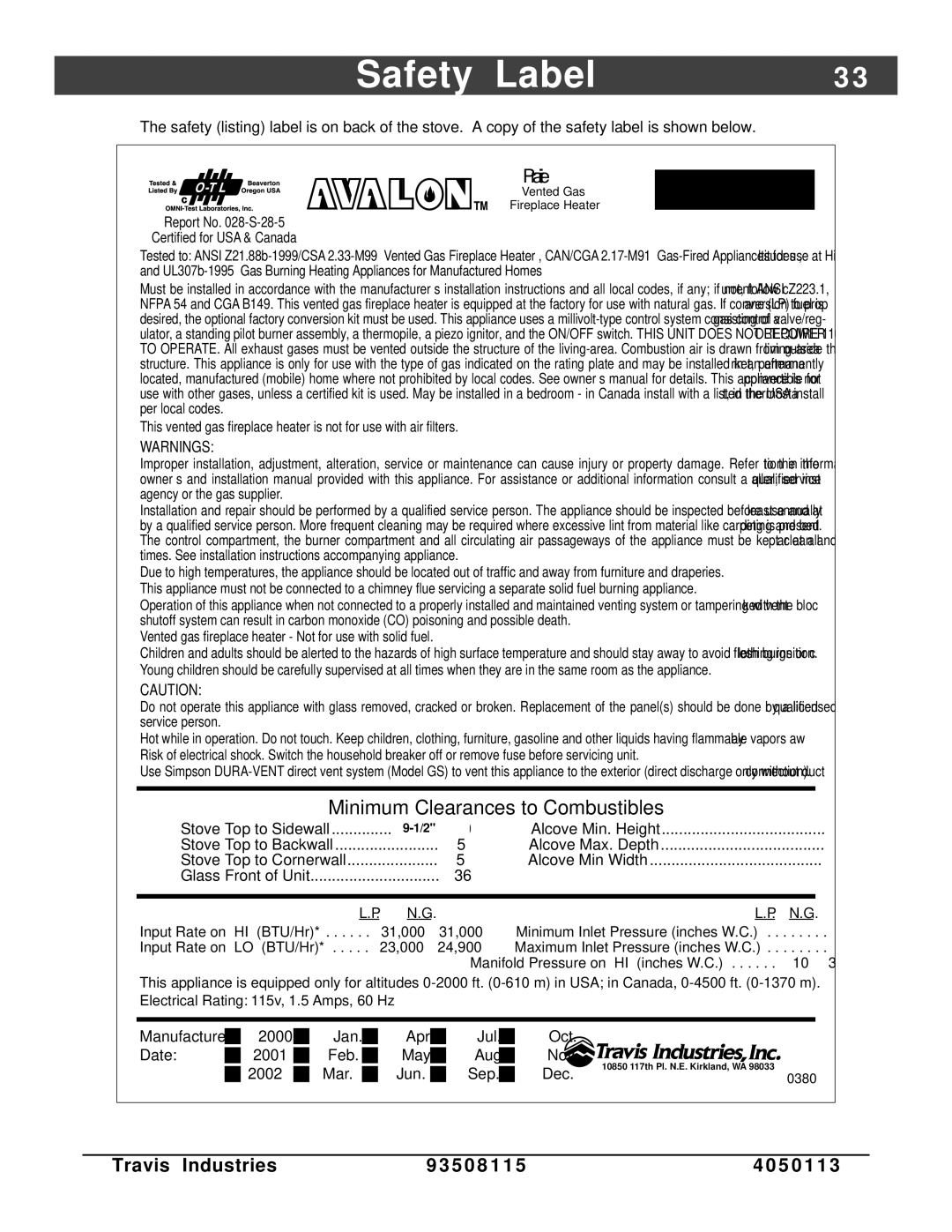 Avalon Stoves Freestanding Stove owner manual Safety Label, Prairie 