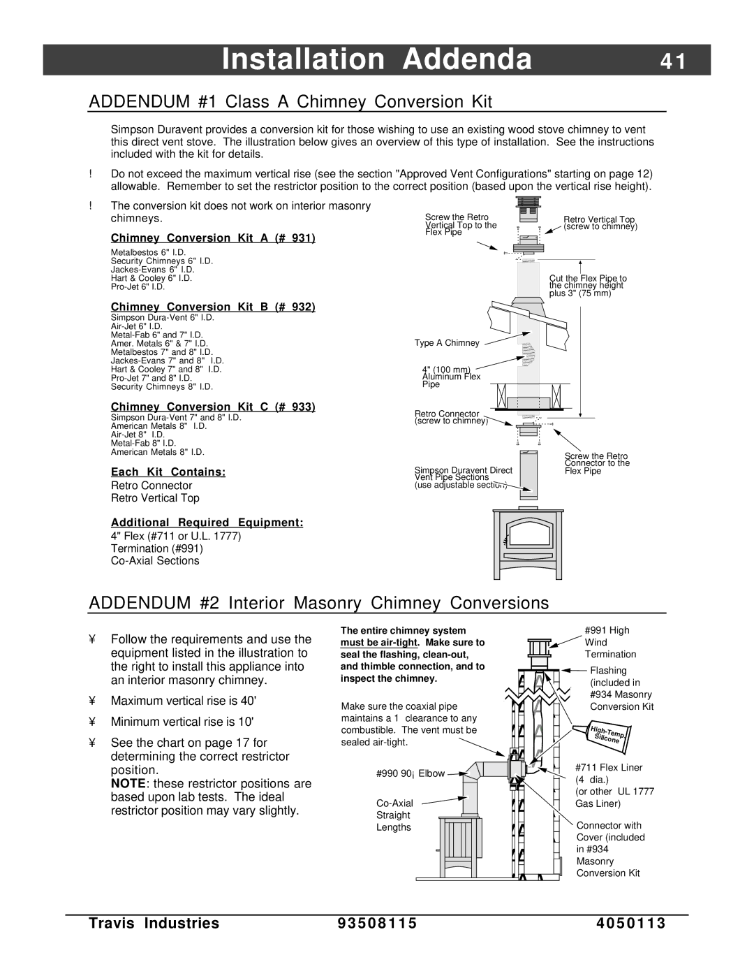 Avalon Stoves Freestanding Stove owner manual Installation Addenda, Addendum #1 Class a Chimney Conversion Kit 