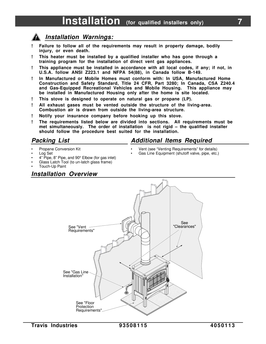 Avalon Stoves Freestanding Stove Installation Warnings, Packing List Additional Items Required, Installation Overview 