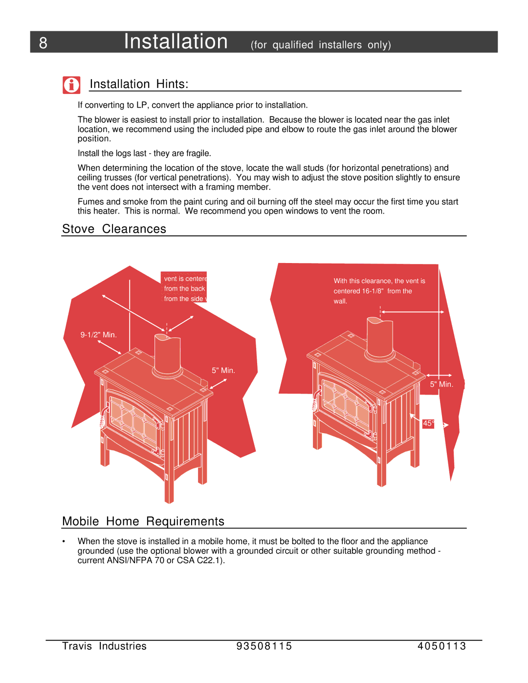 Avalon Stoves Freestanding Stove Installation Hints, Stove Clearances, Mobile Home Requirements, Straight Installations 