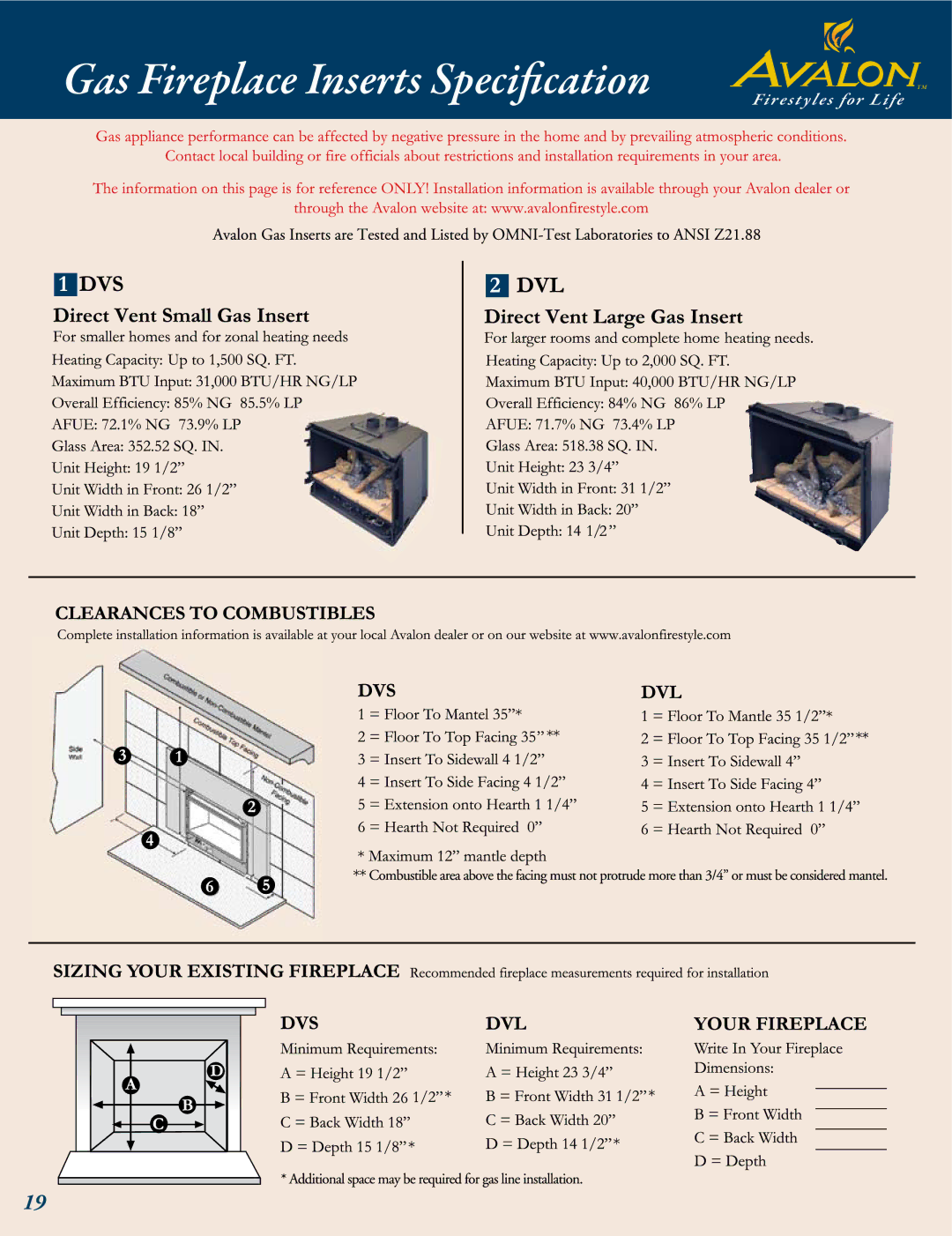 Avalon Stoves Gas Stove & Fireplace manual Gas Fireplace Inserts Specification 