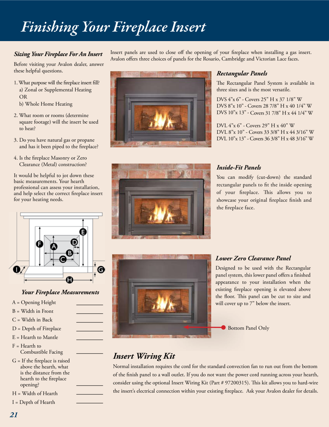 Avalon Stoves Gas Stove & Fireplace manual Finishing Your Fireplace Insert, Insert Wiring Kit 
