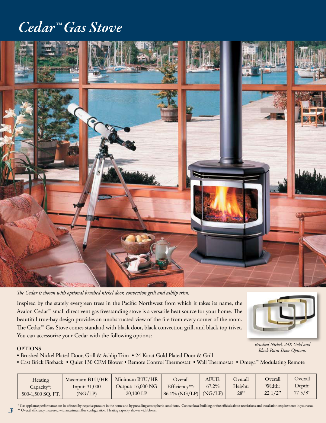 Avalon Stoves Gas Stove & Fireplace manual Cedar Gas Stove, Options 