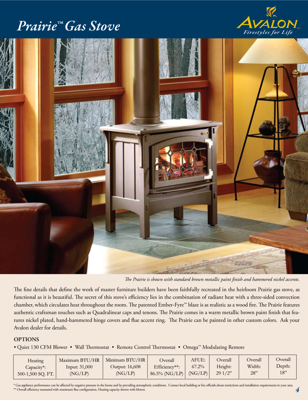 Avalon Stoves Gas Stove & Fireplace manual Prairie Gas Stove, Options 
