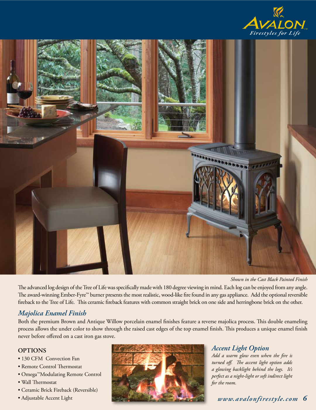 Avalon Stoves Gas Stove & Fireplace manual Majolica Enamel Finish, Accent Light Option, Options, Firestyles for Life 