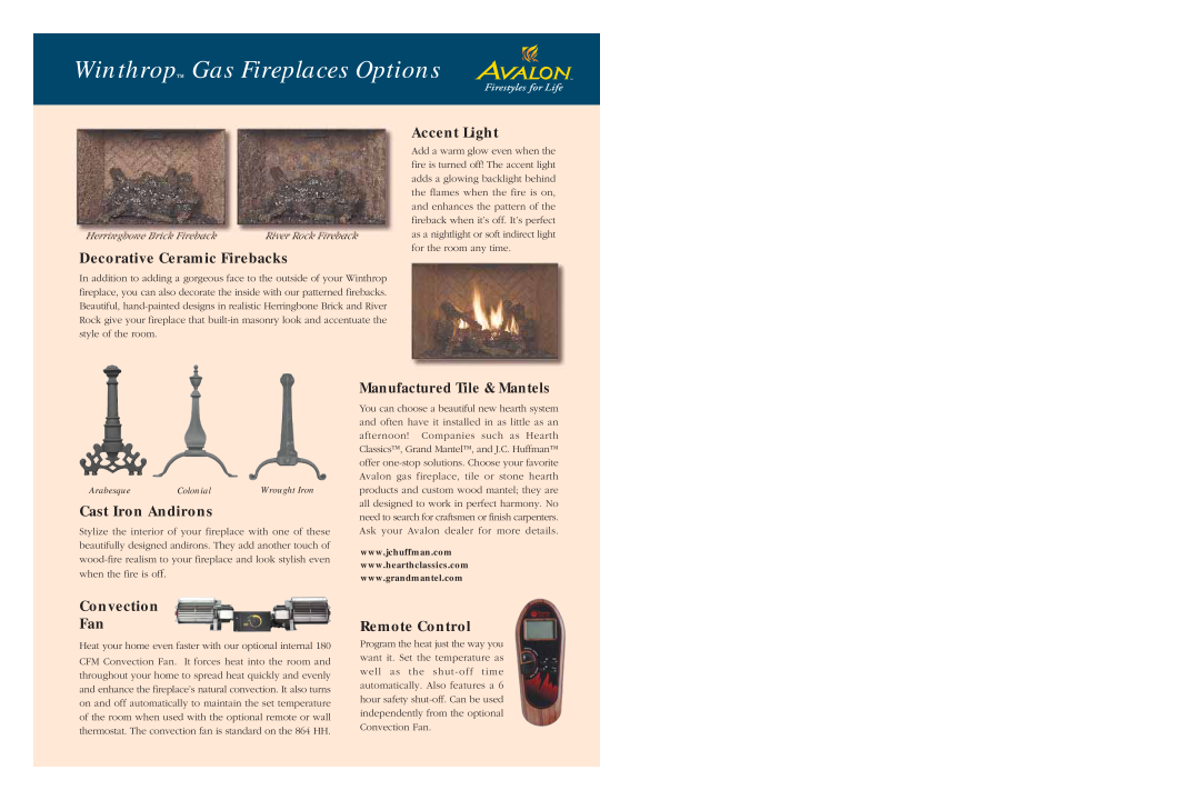 Avalon Stoves HH, TRV Winthrop Gas Fireplaces Options, Decorative Ceramic Firebacks, Accent Light, Cast Iron Andirons 