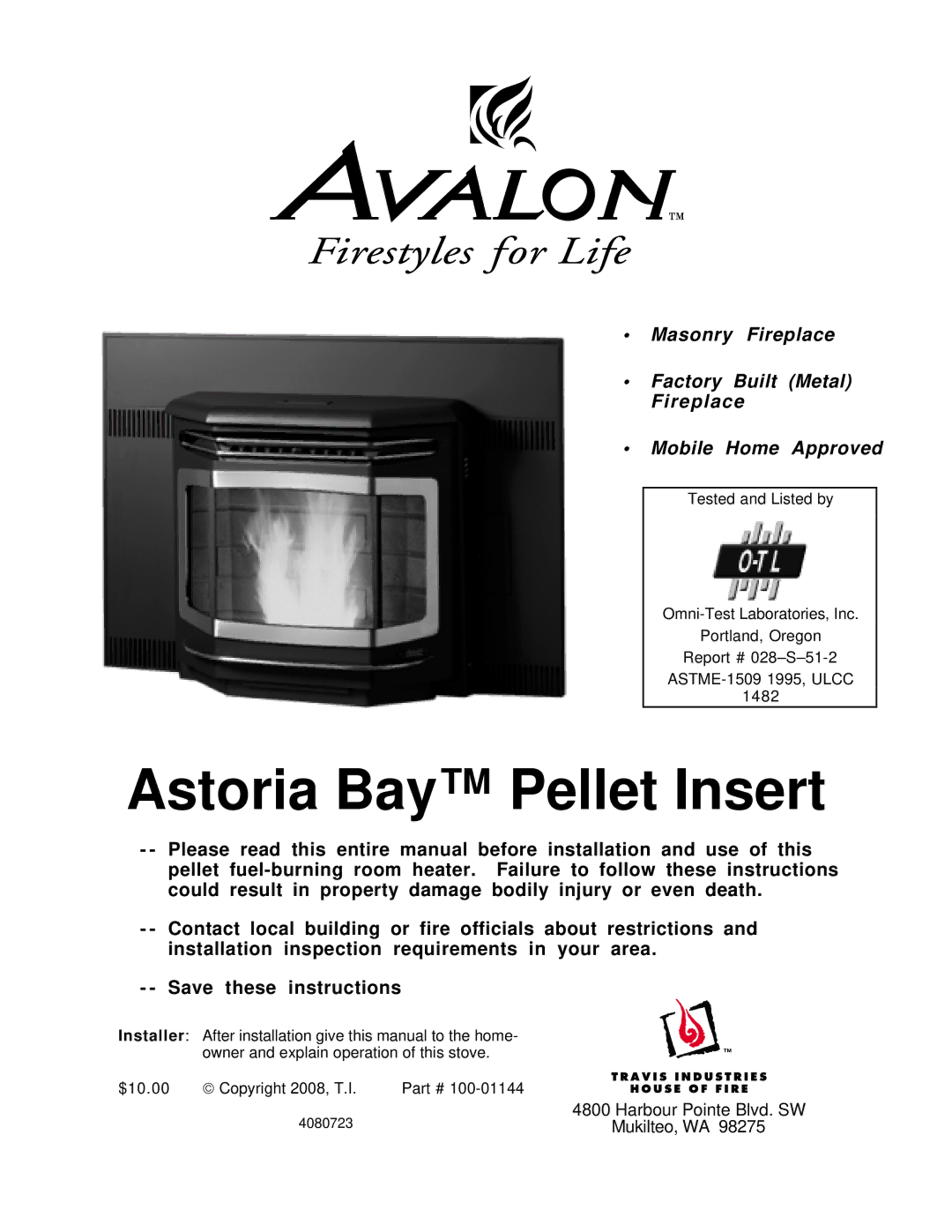 Avalon Stoves Indoor Fireplace manual Astoria Bay Pellet Insert 