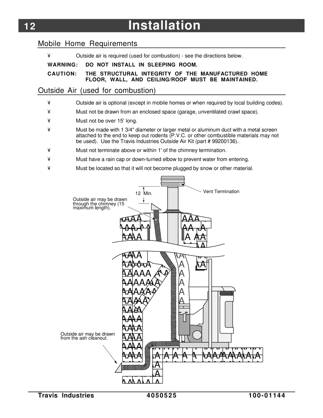 Avalon Stoves Indoor Fireplace manual 2Installation, Mobile Home Requirements, Outside Air used for combustion 