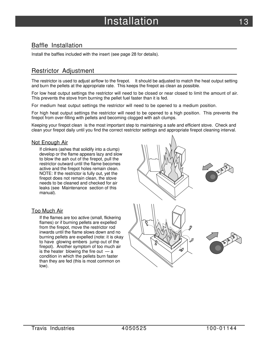 Avalon Stoves Indoor Fireplace manual Baffle Installation, Restrictor Adjustment 