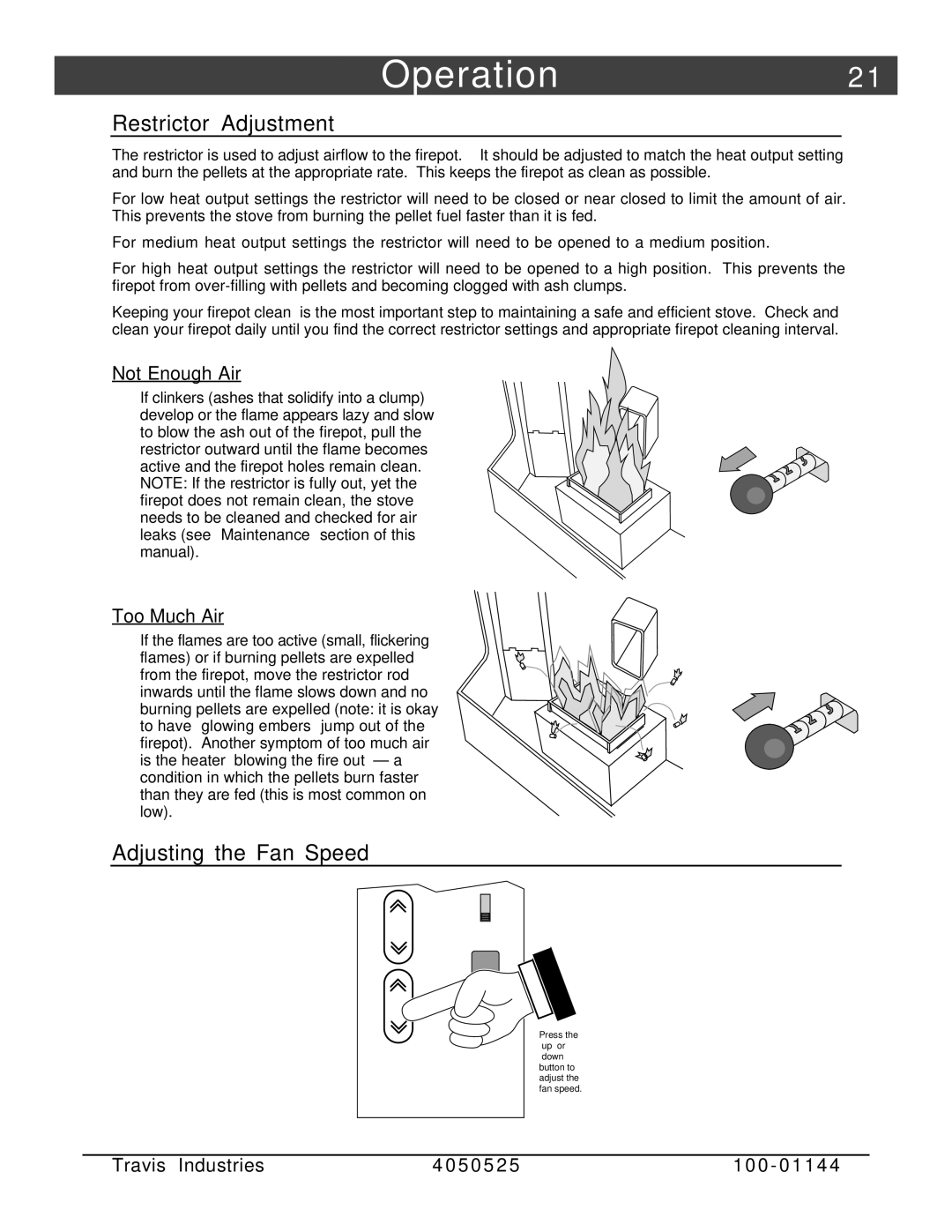 Avalon Stoves Indoor Fireplace manual Operation2, Adjusting the Fan Speed 