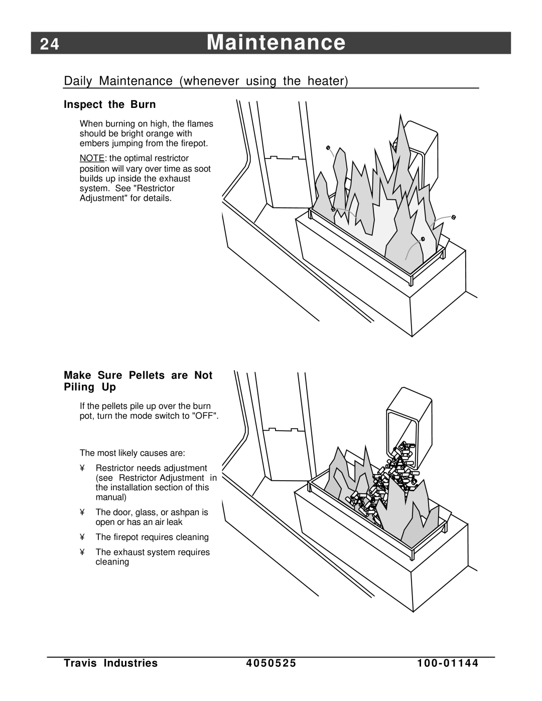 Avalon Stoves Indoor Fireplace manual 4Maintenance, Daily Maintenance whenever using the heater, Inspect the Burn 