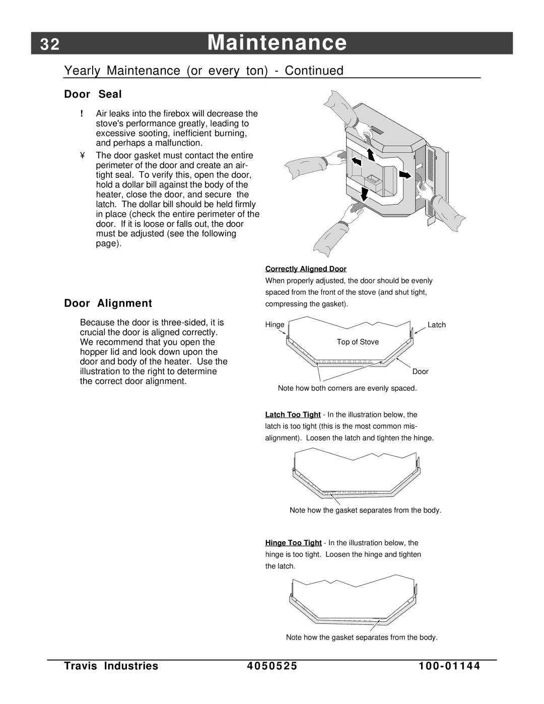 Avalon Stoves Indoor Fireplace manual 2Maintenance, Door Seal, Door Alignment 