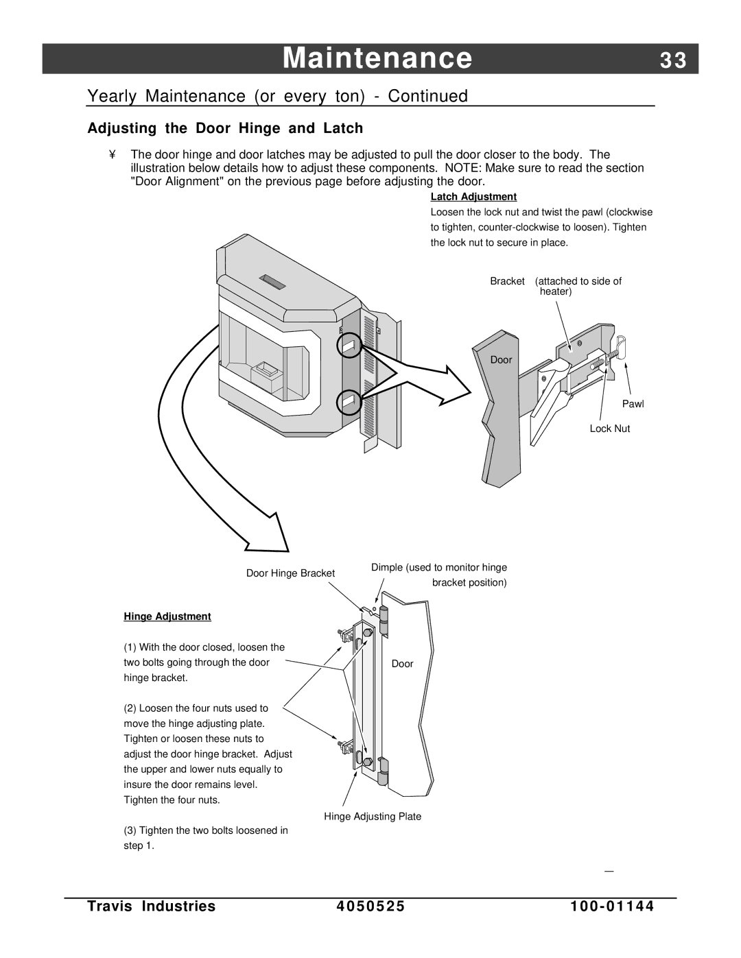 Avalon Stoves Indoor Fireplace manual Adjusting the Door Hinge and Latch, Hinge Adjustment 