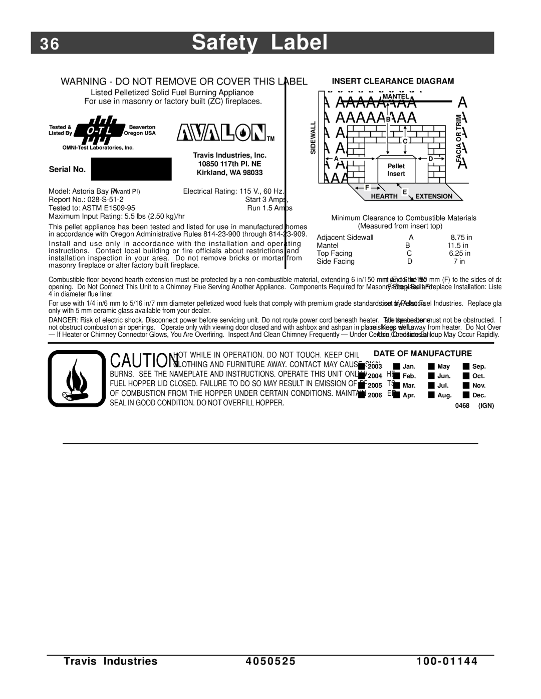 Avalon Stoves Indoor Fireplace manual Safety Label, Serial No 