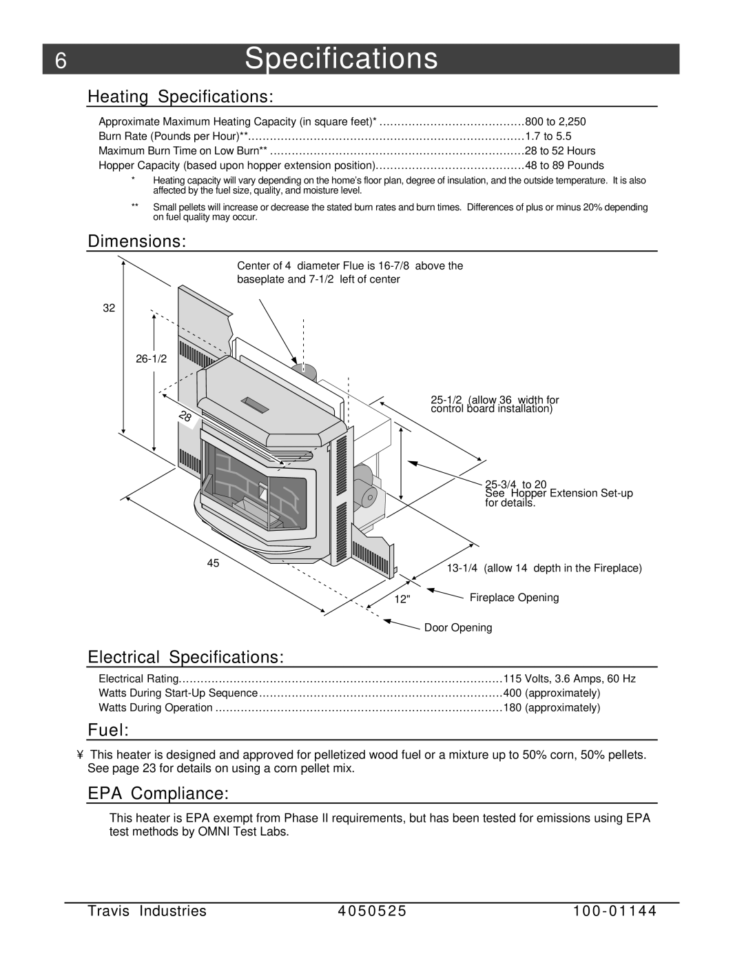 Avalon Stoves Indoor Fireplace manual 6Specifications 