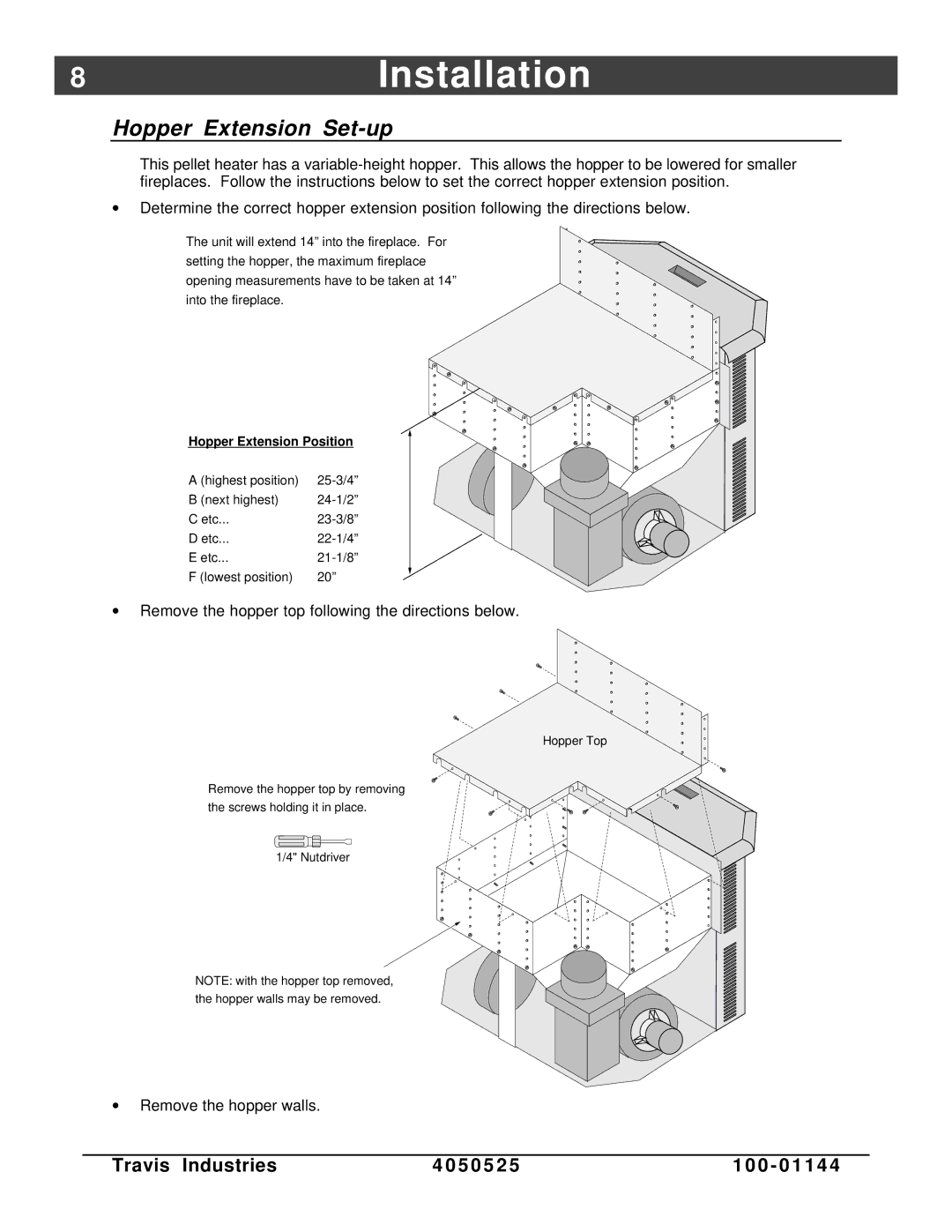 Avalon Stoves Indoor Fireplace manual 8Installation, Hopper Extension Set-up 