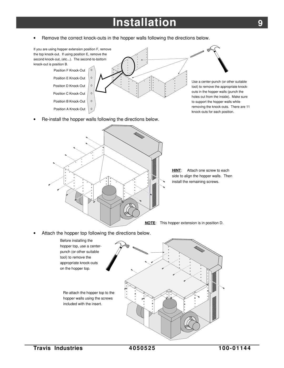 Avalon Stoves Indoor Fireplace manual Installation9, Re-install the hopper walls following the directions below 