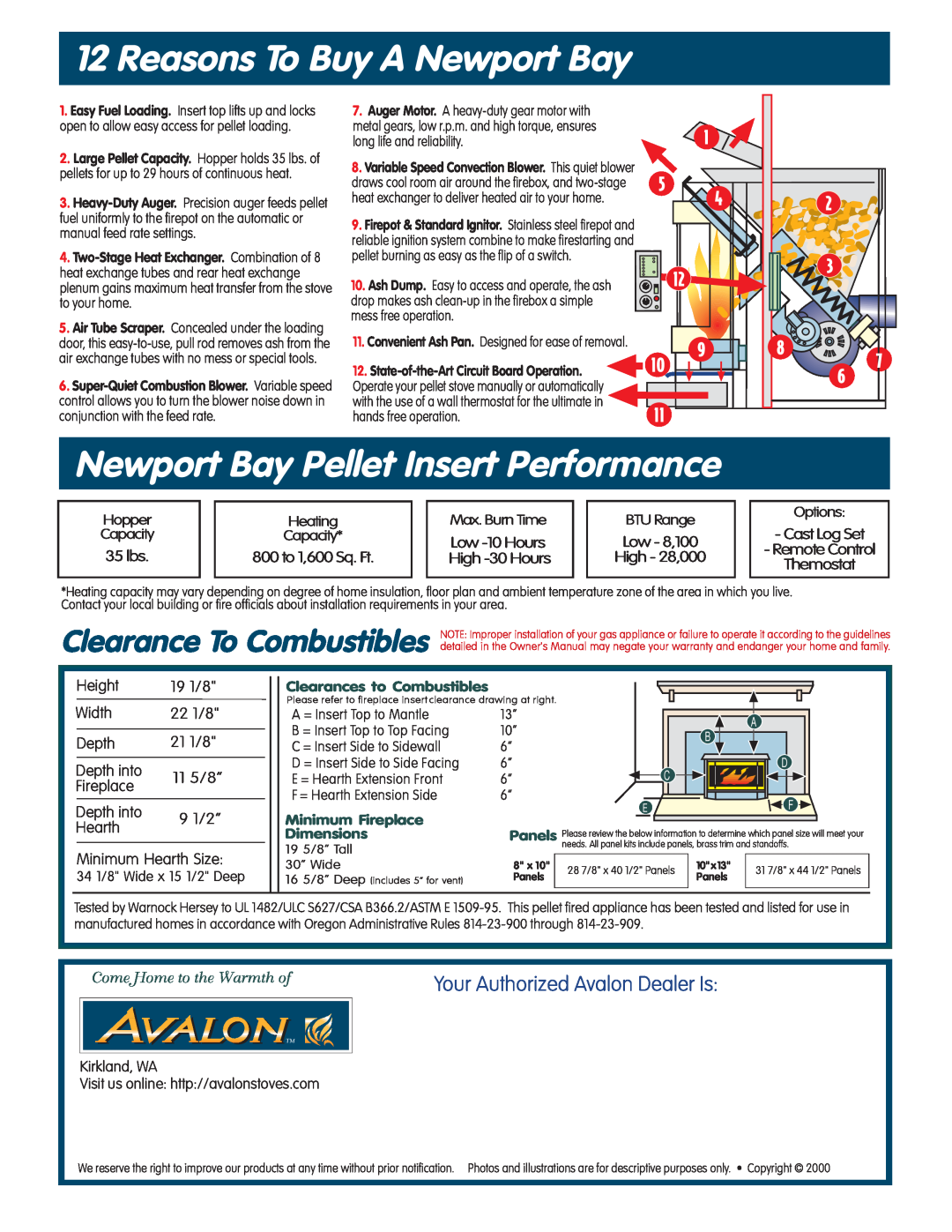 Avalon Stoves manual Reasons To Buy A Newport Bay, Newport Bay Pellet Insert Performance, Clearance To Combustibles 