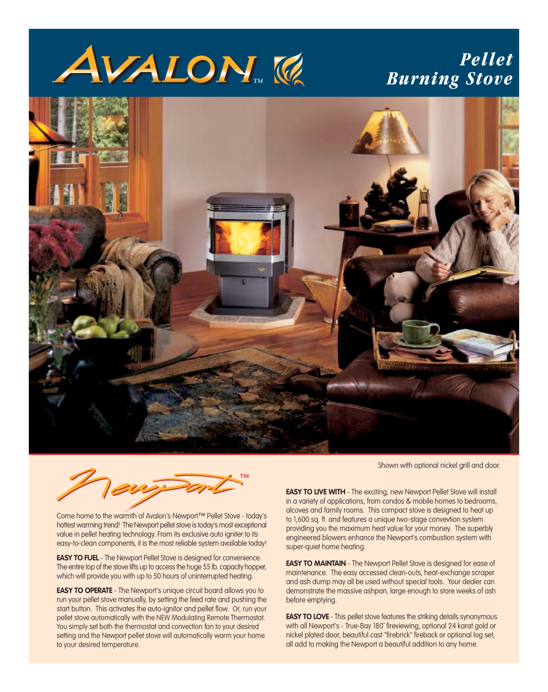 Avalon Stoves Pellet Burning Stove manual Shown with optional nickel grill and door 